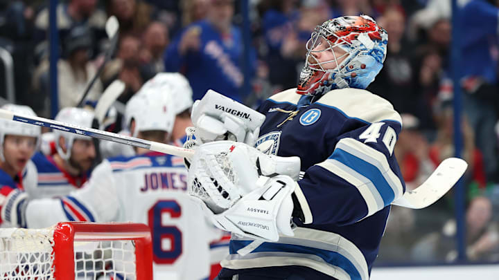 Mar 15, 2025; Columbus, Ohio, USA;  Columbus Blue Jackets goaltender Daniil Tarasov (40) reacts to allowing his third goal of the game during the third period against the New York Rangers at Nationwide Arena. Mandatory Credit: Joseph Maiorana-Imagn Images