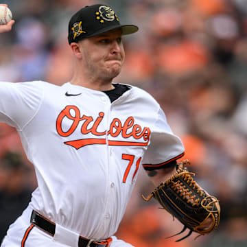 May 19, 2024; Baltimore, Maryland, USA; Baltimore Orioles pitcher Jacob Webb (71) throws a pitch during the seventh inning against the Seattle Mariners at Oriole Park at Camden Yards