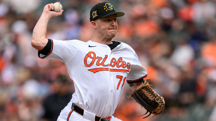 May 19, 2024; Baltimore, Maryland, USA; Baltimore Orioles pitcher Jacob Webb (71) throws a pitch during the seventh inning against the Seattle Mariners at Oriole Park at Camden Yards