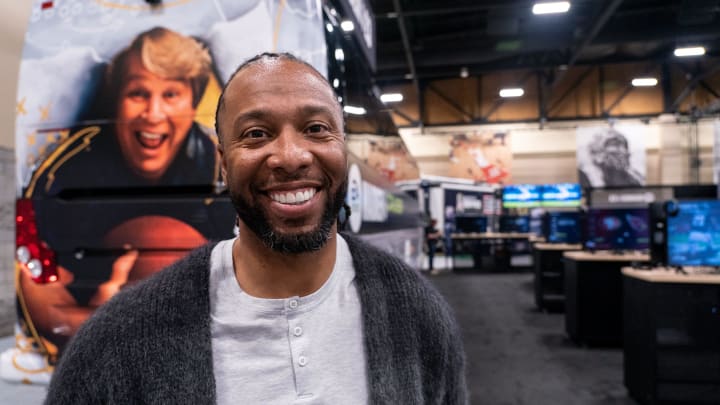 Former Arizona Cardinals wide receiver Larry Fitzgerald Jr. makes an appearance at the Super Bowl LVII Experience   s Madden Cruiser at the Phoenix Convention Center in Phoenix on Feb. 9, 2023.

Entertainment Madden Cruiser At Super Bowl Experience 5757575757