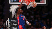 Oct 21, 2022; New York, New York, USA; Detroit Pistons center Jalen Duren (0) dunks the ball against the New York Knicks during the fourth quarter at Madison Square Garden. Mandatory Credit: Tom Horak-USA TODAY Sports