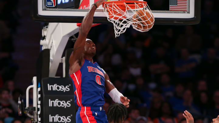 Oct 21, 2022; New York, New York, USA; Detroit Pistons center Jalen Duren (0) dunks the ball against the New York Knicks during the fourth quarter at Madison Square Garden. Mandatory Credit: Tom Horak-USA TODAY Sports