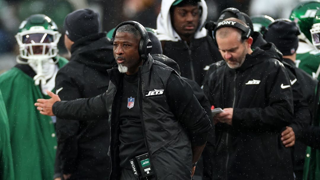 Nov 30, 2025; East Rutherford, New Jersey, USA;  New York Jets head coach Aaron Glenn during the first half at MetLife Stadium. Mandatory Credit: Vincent Carchietta-Imagn Images