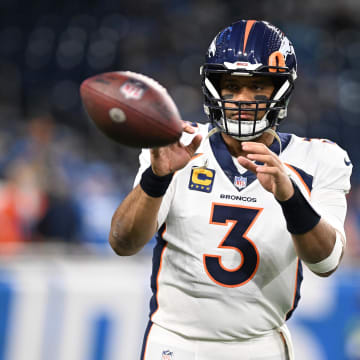 Dec 16, 2023; Detroit, Michigan, USA;  Denver Broncos quarterback Russell Wilson (3) warms up before a game against the Detroit Lions at Ford Field. Mandatory Credit: Lon Horwedel-USA TODAY Sports