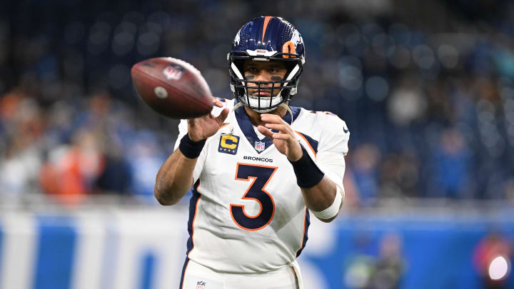 Dec 16, 2023; Detroit, Michigan, USA;  Denver Broncos quarterback Russell Wilson (3) warms up before a game against the Detroit Lions at Ford Field. Mandatory Credit: Lon Horwedel-USA TODAY Sports