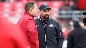 Nov 23, 2024; Columbus, Ohio, USA;  Ohio State Buckeyes head coach Ryan Day(right) and Indiana Hoosiers head coach Curt Cignetti meet at midfield before the game at Ohio Stadium. Mandatory Credit: Joseph Maiorana-Imagn Images