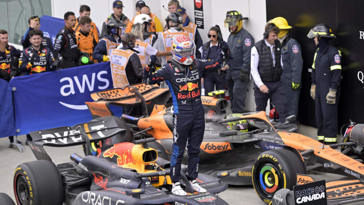 Jun 9, 2024; Montreal, Quebec, CAN;  Red Bull Racing driver Max Verstappen (NED) wins the Canadian Grand Prix at Circuit Gilles Villeneuve. Mandatory Credit: Eric Bolte-USA TODAY Sports