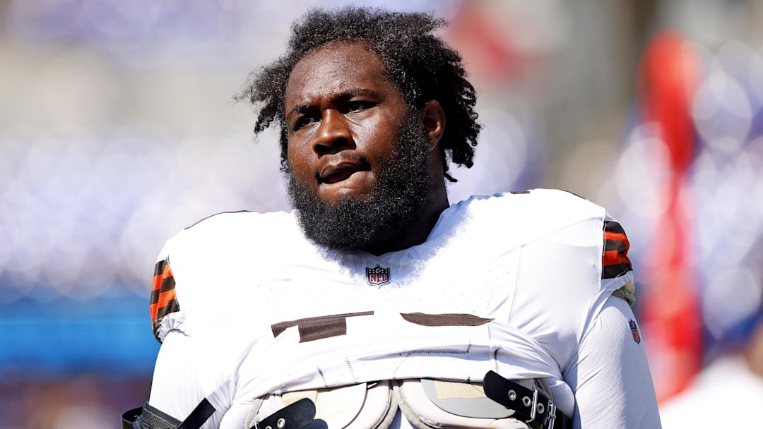 Sep 14, 2025; Baltimore, Maryland, USA; Cleveland Browns offensive tackle Dawand Jones (79) before the game against the Baltimore Ravens at M&T Bank Stadium. Mandatory Credit: Peter Casey-Imagn Images