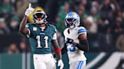Nov 16, 2025; Philadelphia, Pennsylvania, USA; Philadelphia Eagles wide receiver A.J. Brown (11) reacts after making a catch against Detroit Lions cornerback Rock Ya-Sin (23)  during the first half at Lincoln Financial Field. Mandatory Credit: Bill Streicher-Imagn Images