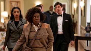 The Residence. (L to R) Susan Kelechi Watson as Jasmine Haney, Uzo Aduba as Cordelia Cupp, Ken Marino as Harry Hollinger in episode 101 of The Residence