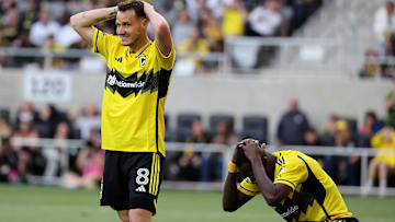 May 17, 2025; Columbus, Ohio, USA;  Columbus Crew midfielder Daniel Gazdag reacts after a missed shot during the first half against the FC Cincinnati at Lower.com Field. Mandatory Credit: Joseph Maiorana-Imagn Images