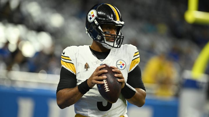 Aug 24, 2024; Detroit, Michigan, USA;  Pittsburgh Steelers quarterback Russell Wilson (3)) warms up before their game against the Detroit Lions at Ford Field. Mandatory Credit: Lon Horwedel-USA TODAY Sports