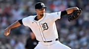 Aug 9, 2025; Detroit, Michigan, USA;  Detroit Tigers starting pitcher Charlie Morton (50) throws a pitch against the Los Angeles Angels in the first inning at Comerica Park. 