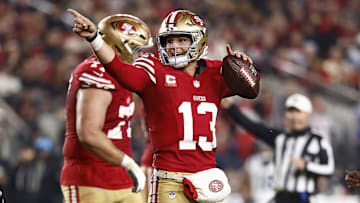 Nov 24, 2025; Santa Clara, California, USA; San Francisco 49ers quarterback Brock Purdy (13) reacts against the Carolina Panthers during the first half at Levi's Stadium. Mandatory Credit: Kelley L Cox-Imagn Images