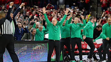 Feb 26, 2025; College Park, Maryland, USA; Michigan State Spartans head coach Tom Izzo celebrates after a made shot at the buzzer during the second half against the Maryland Terrapins at Xfinity Center. Mandatory Credit: Reggie Hildred-Imagn Images
