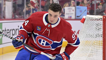 Apr 16, 2024; Montreal, Quebec, CAN; Montreal Canadiens defenseman Logan Mailloux (94) skates on his solo lap during the warmup period before the game against the Detroit Red Wings at the Bell Centre. Mandatory Credit: Eric Bolte-Imagn Images