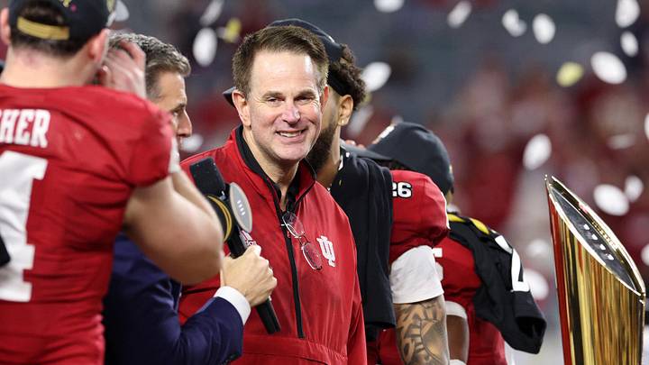 Jan 19, 2026; Miami Gardens, FL, USA; Indiana Hoosiers head coach Curt Cignetti reacts after the College Football Playoff National Championship game at Hard Rock Stadium. Mandatory Credit: Nathan Ray Seebeck-Imagn Images