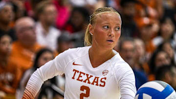 Emma Halter (2), libero for the Texas Longhorns, serves during the scrimmage volleyball match against UTSA at Gregory Gym on Saturday, Aug. 17, 2024, in Austin.