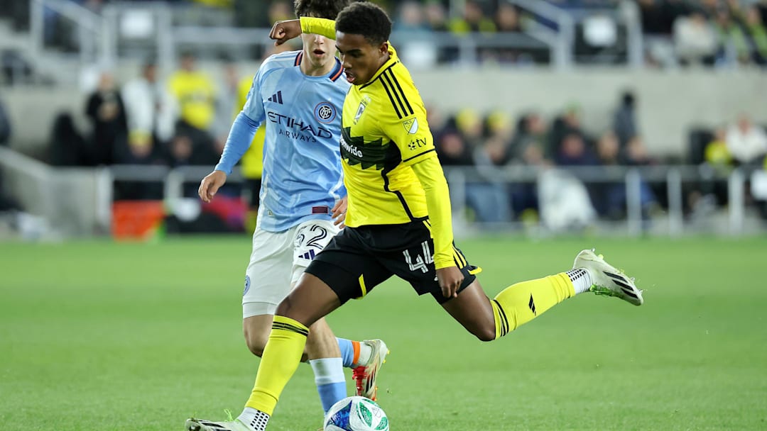 Mar 22, 2025; Columbus, Ohio, USA;  Columbus Crew midfielder Tristan Brown (44) kicks the ball during the second half against the New York City at Lower.com Field. Mandatory Credit: Joseph Maiorana-Imagn Images