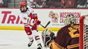 Wisconsin Badgers right wing Lacey Eden (6) shoots against the Minnesota Gophers in a game Sunday, February 9, 2025, at LaBahn Arena in Madison, Wisconsin.