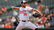 Jul 31, 2024; Baltimore, Maryland, USA; Baltimore Orioles pitcher Grayson Rodriguez (30) throws against the Toronto Blue Jays during the first inning at Oriole Park at Camden Yards. Mandatory Credit: Reggie Hildred-Imagn Images