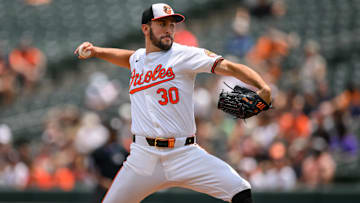 Jul 31, 2024; Baltimore, Maryland, USA; Baltimore Orioles pitcher Grayson Rodriguez (30) throws against the Toronto Blue Jays during the first inning at Oriole Park at Camden Yards. Mandatory Credit: Reggie Hildred-Imagn Images