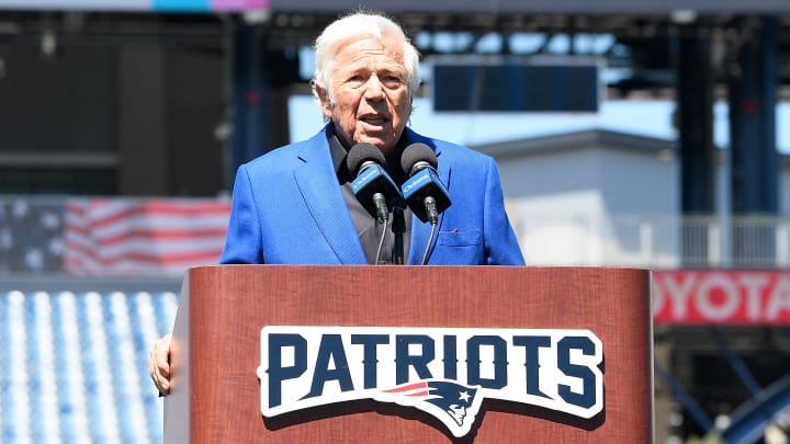 Apr 26, 2024; Foxborough, MA, USA; New England Patriots owner Robert Kraft introduces the team's number one draft pick on the game field at Gillette Stadium. 