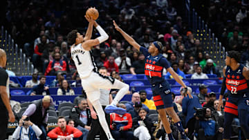 Feb 10, 2025; Washington, District of Columbia, USA; San Antonio Spurs center Victor Wembanyama (1) takes a shot over Washington Wizards guard Bilal Coulibaly (0) during the first quarter at Capital One Arena. Mandatory Credit: Reggie Hildred-Imagn Images