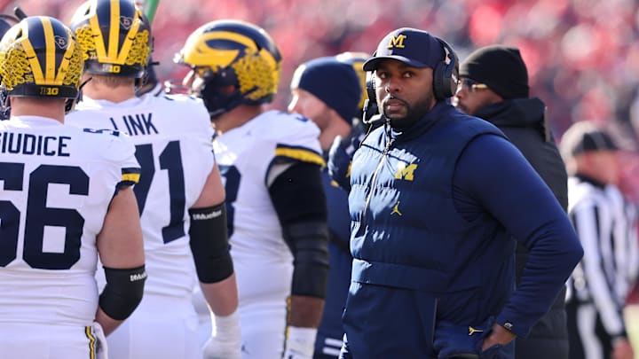 Nov 30, 2024; Columbus, Ohio, USA;  Michigan Wolverines head coach Sherrone Moore during the first quarter against the Ohio State Buckeyes at Ohio Stadium. Mandatory Credit: Joseph Maiorana-Imagn Images