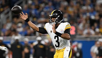 Aug 24, 2024; Detroit, Michigan, USA;  Pittsburgh Steelers quarterback Russell Wilson (3) throws a pass against the Detroit Lions in the first quarter at Ford Field. Mandatory Credit: Lon Horwedel-USA TODAY Sports