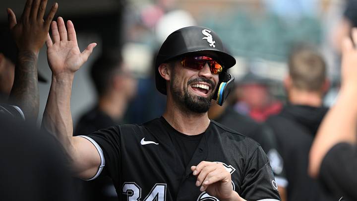 Aug 16, 2026; Detroit, Michigan, USA; Chicago White Sox designated hitter Randal Grichuk (34) celebrates in the dugout after scoring a run against the Detroit Tigers in the seventh inning at Comerica Park. Horwedel-Imagn Images