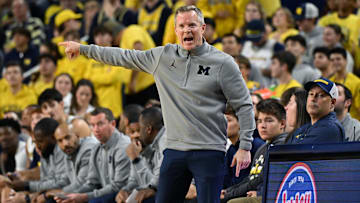Nov 3, 2025; Ann Arbor, Michigan, USA; Michigan Wolverines head coach Dusty May yells during the first half against the Oakland Golden Grizzlies at Crisler Center. Mandatory Credit: Lon Horwedel-Imagn Images