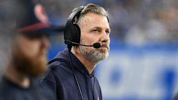 Nov 28, 2024; Detroit, Michigan, USA; Chicago Bears head coach Matt Eberflus looks at the scoreboard during their game against the Detroit Lions in the first quarter at Ford Field. Mandatory Credit: Lon Horwedel-Imagn Images
