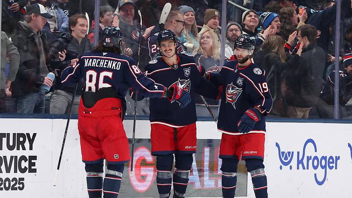 Jan 24, 2026; Columbus, Ohio, USA;  Columbus Blue Jackets left wing Mason Marchment (17) celebrates his third goal of the game with right wing Kirill Marchenko (86) and center Adam Fantilli (19) during the third period against the Tampa Bay Lightning at Nationwide Arena. Mandatory Credit: Joseph Maiorana-Imagn Images