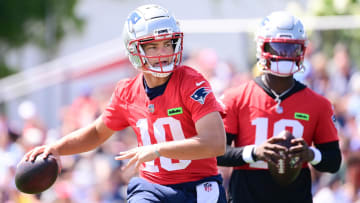 Jul 26, 2024; Foxborough, MA, USA; New England Patriots quarterback Drake Maye (10) throws a pass during training camp at Gillette Stadium. Mandatory Credit: Eric Canha-USA TODAY Sports