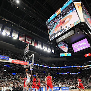 Apr 13, 2025; San Antonio, Texas, USA; Overall view of a game between the San Antonio Spurs and Toronto Raptors during the second half at Frost Bank Center. Mandatory Credit: Scott Wachter-Imagn Images