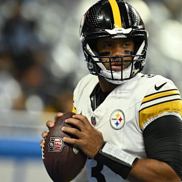 Aug 24, 2024; Detroit, Michigan, USA;  Pittsburgh Steelers quarterback Russell Wilson (3) warms up before their game against the Detroit Lions at Ford Field. Mandatory Credit: Lon Horwedel-Imagn Images