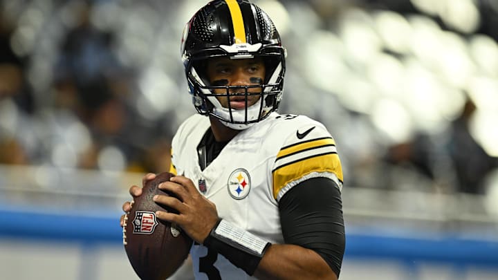 Aug 24, 2024; Detroit, Michigan, USA;  Pittsburgh Steelers quarterback Russell Wilson (3) warms up before their game against the Detroit Lions at Ford Field. Mandatory Credit: Lon Horwedel-Imagn Images