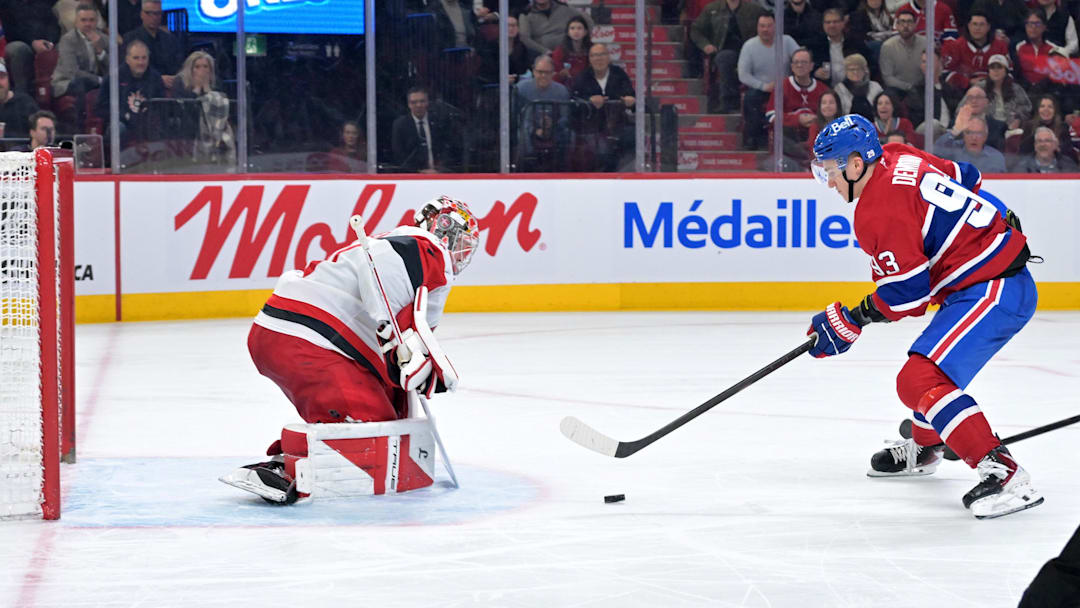 Mar 24, 2026; Montreal, Quebec, CAN; Montreal Canadiens forward Ivan Demidov (93) scores a goal against Carolina Hurricanes goalie Frederik Andersen (31) during the third period at the Bell Centre. Mandatory Credit: Eric Bolte-Imagn Images