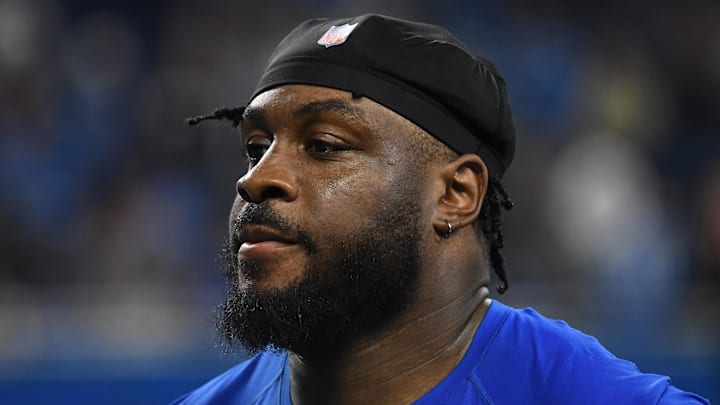 Sep 15, 2024; Detroit, Michigan, USA; Detroit Lions defensive end Levi Onwuzurike (91) looks on after their game against the Tampa Bay Buccaneers at Ford Field. Mandatory Credit: Eamon Horwedel-Imagn Images