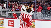 Bucky Badger fires up Wisconsin fans after a 4-3 victory over the Connecticut Huskies in the championship game of the Kwik Trip Holiday Face-Off on Sunday, December 29, 2024, at Fiserv Forum in Milwaukee, Wisconsin.