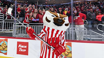 Bucky Badger fires up Wisconsin fans after a 4-3 victory over the Connecticut Huskies in the championship game of the Kwik Trip Holiday Face-Off on Sunday, December 29, 2024, at Fiserv Forum in Milwaukee, Wisconsin.