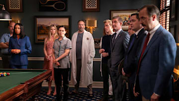 The Residence. (L to R) Mel Rodriguez as Bruce Geller, Susan Kelechi Watson as Jasmine Haney, Molly Griggs as Lilly Schumacher, Julieth Restrepo as Elsyie Chayle, Jason Lee as Tripp Morgan, Barrett Foa as Elliot Morgan, Paul Fitzgerald as President Perry Morgan, Andrew Friedman as Irv Samuelson, Dan Perrault as Colin Trask, Timothy Hornor as Patrick Doumbe in episode 108 of The Residence