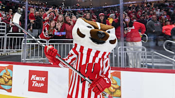 Bucky Badger fires up Wisconsin fans after a 4-3 victory over the Connecticut Huskies in the championship game of the Kwik Trip Holiday Face-Off on Sunday, December 29, 2024, at Fiserv Forum in Milwaukee, Wisconsin.
