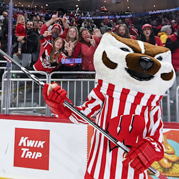 Bucky Badger fires up Wisconsin fans after a 4-3 victory over the Connecticut Huskies in the championship game of the Kwik Trip Holiday Face-Off on Sunday, December 29, 2024, at Fiserv Forum in Milwaukee, Wisconsin.