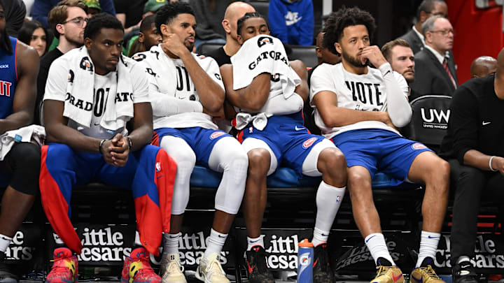 Nov 1, 2024; Detroit, Michigan, USA; Detroit Pistons players, from left, center Jalen Duren, forward Tobias Harris, guard Jaden Ivey and  guard Cade Cunningham: Lon Horwedel-Imagn Images
