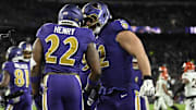 Nov 27, 2025; Baltimore, Maryland, USA; Baltimore Ravens running back Derrick Henry (22) reacts after scoring a touchdown against the Cincinnati Bengals during the first half at M&T Bank Stadium. Mandatory Credit: Tommy Gilligan-Imagn Images