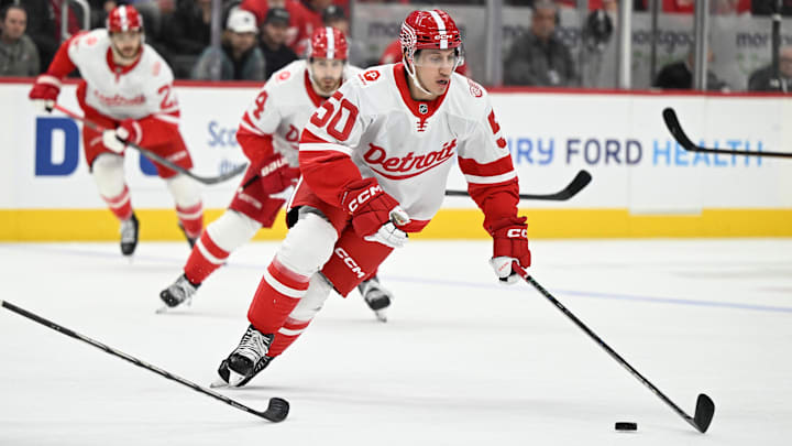 Mar 12, 2025; Detroit, Michigan, USA; Detroit Red Wings right wing Dominik Shine (50) skates up the ice with the puck against the Buffalo Sabres in the second period at Little Caesars Arena. Mandatory Credit: Lon Horwedel-Imagn Images