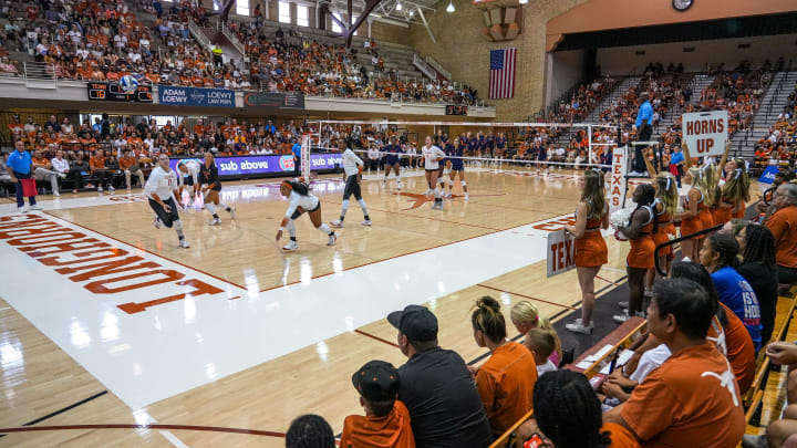 Fans watch the Texas Longhorns take on UTSA in a scrimmage volleyball match at Gregory Gym on Saturday, Aug. 17, 2024 in Austin.