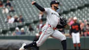 Minnesota Twins pitcher Simeon Woods Richardson throws during the first inning against the Baltimore Orioles at Oriole Park at Camden Yards in Baltimore on May 14, 2025.